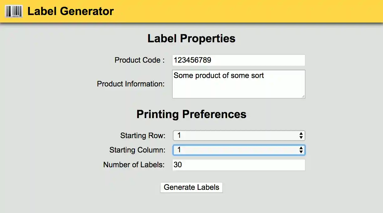Screenshot of label generator