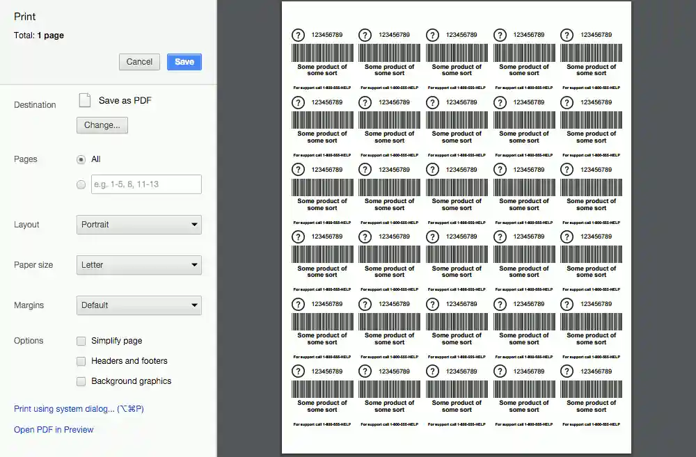 Screenshot of label generator print preview